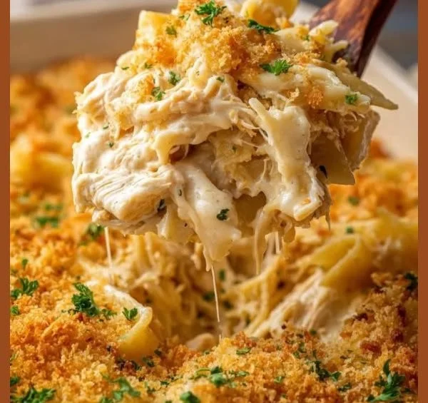 Ritz Cracker Chicken Casserole topped with crispy crackers
