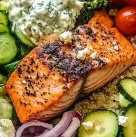 Delicious Mediterranean Salmon Bowl topped with fresh ingredients and spices.