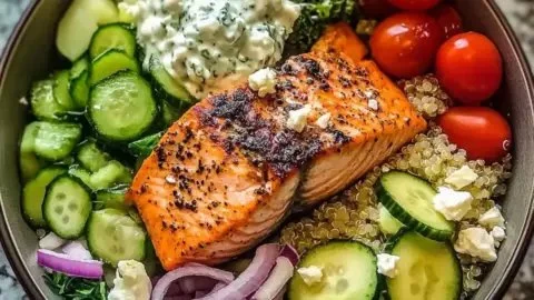 Delicious Mediterranean Salmon Bowl topped with fresh ingredients and spices.