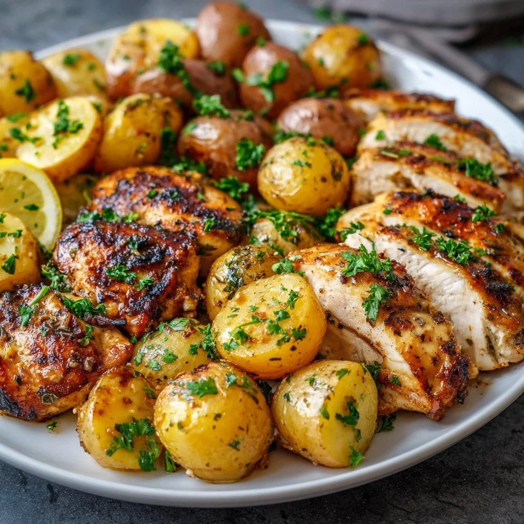 Sheet pan of lemon balsamic chicken and potatoes, easy recipe for dinner