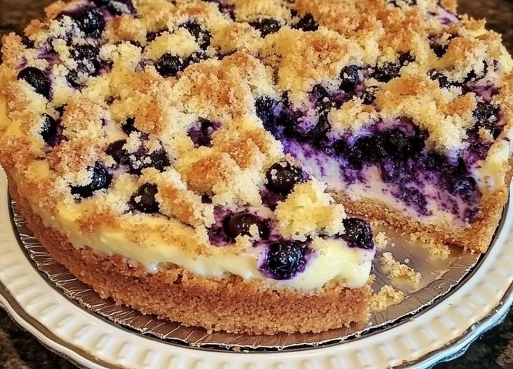 Blueberry cream cheese crumb cake with fresh blueberries and crumb topping