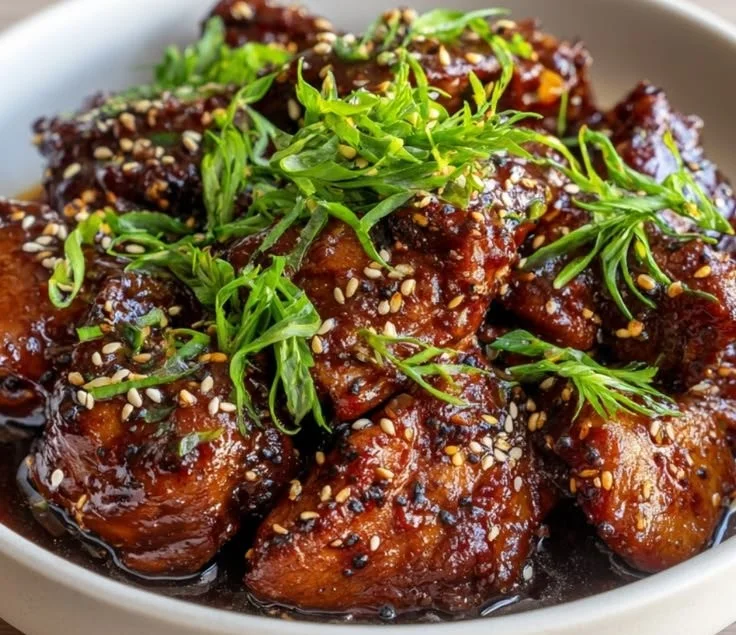 Delicious slow cooker chicken thighs garnished with herbs