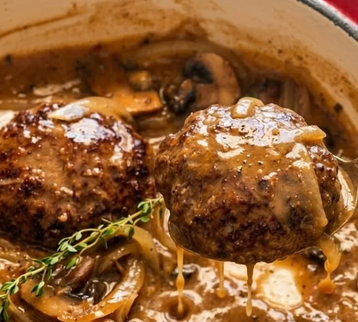 Plate of Southern Hamburger Steak topped with onion and mushroom gravy