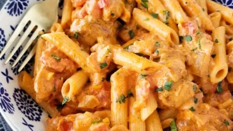 Delicious Southwest Chicken Alfredo pasta dish topped with herbs and spices