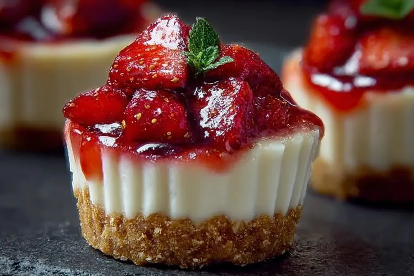 No-bake strawberry cheesecake cups topped with fresh strawberries