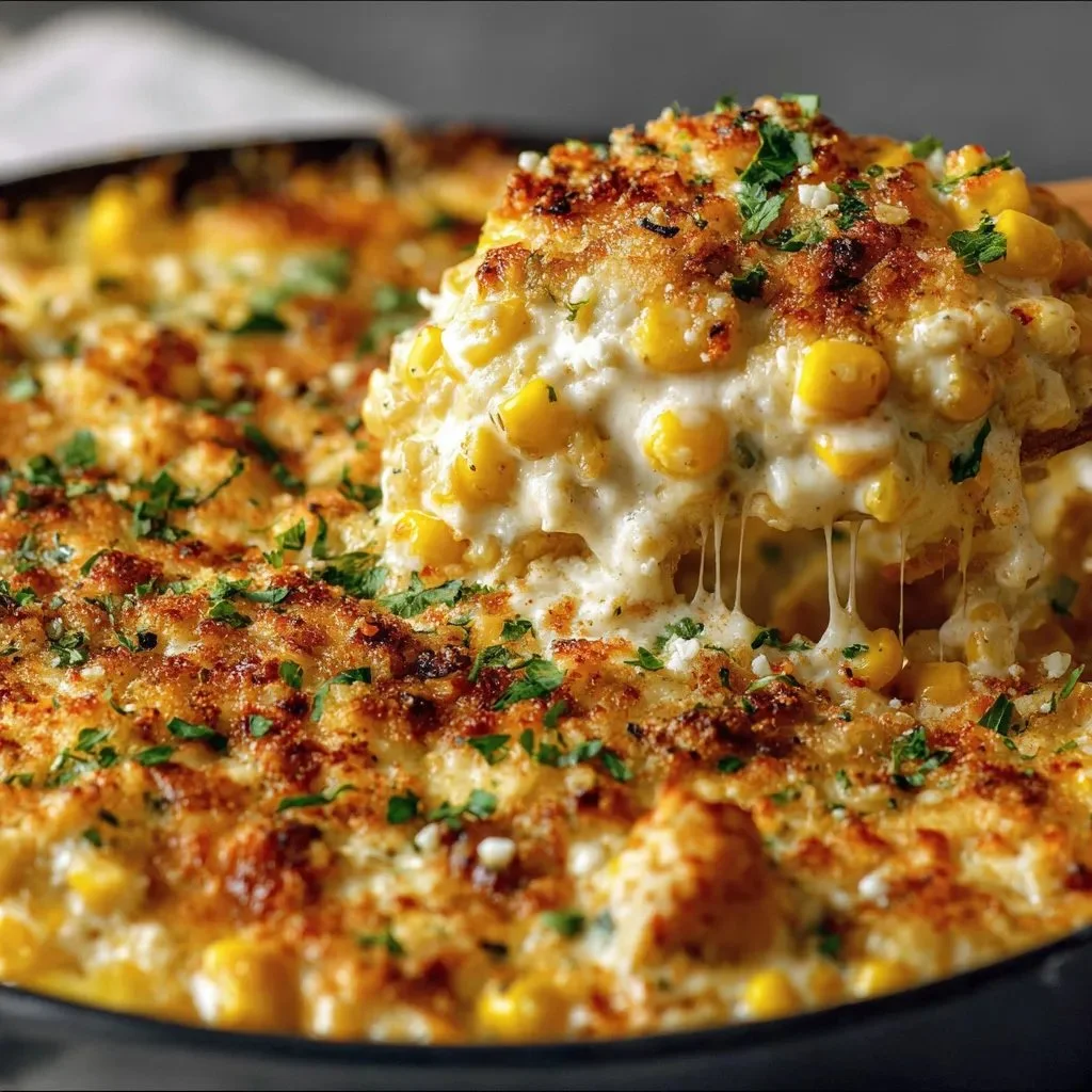 Delicious Street Corn Chicken Casserole with chicken and corn topping.