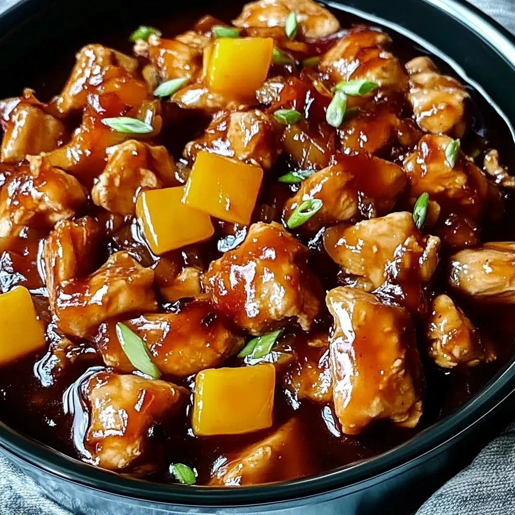 Delicious Sweet Hawaiian Crockpot Chicken served with rice and pineapple