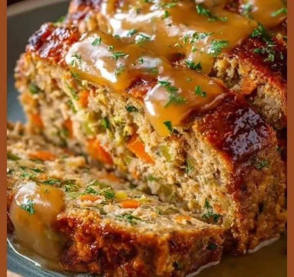 Savory Turkey Stuffing Meatloaf topped with herbs and spices, served on a plate