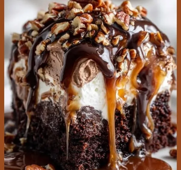 Delicious homemade Turtle Cake with chocolate, caramel, and pecans