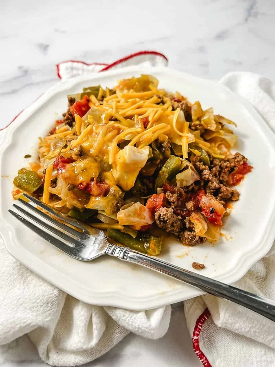 One-Pan Unstuffed Ground Beef Cabbage Roll Casserole dish